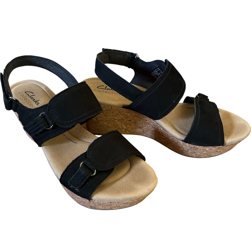 Clarks Black Rose Lane Black Slingback Platform Wedge Sandals w/straps Size 7.5 - Picture 6 of 15